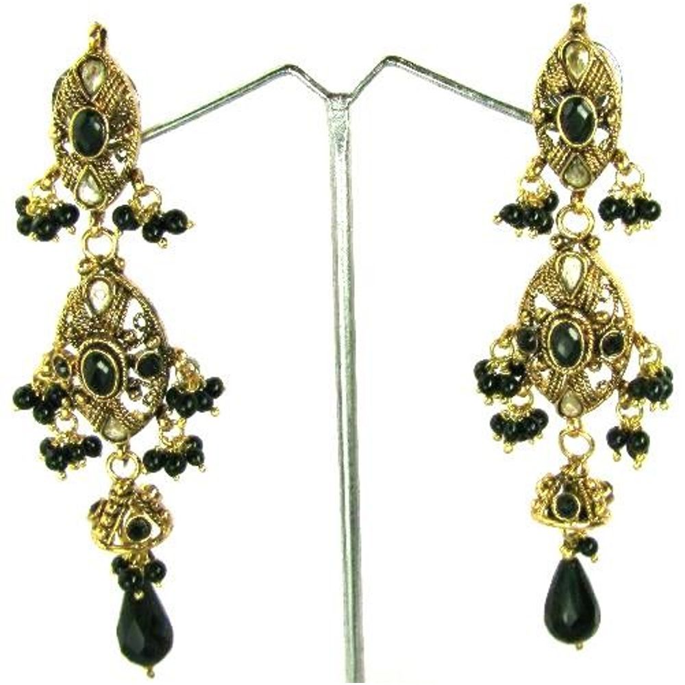 Black-Beauty-Gold-Plated-Fashion-Jewelry-Polki-Work-Dangle-Long-Earrings