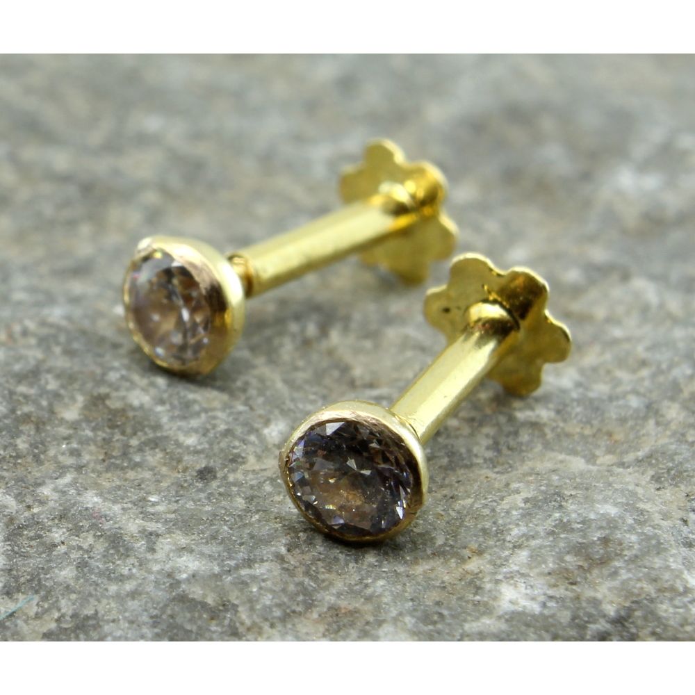 Indian Style CZ Studded EAR Studs PAIR 14k Solid Real Gold Screw Back