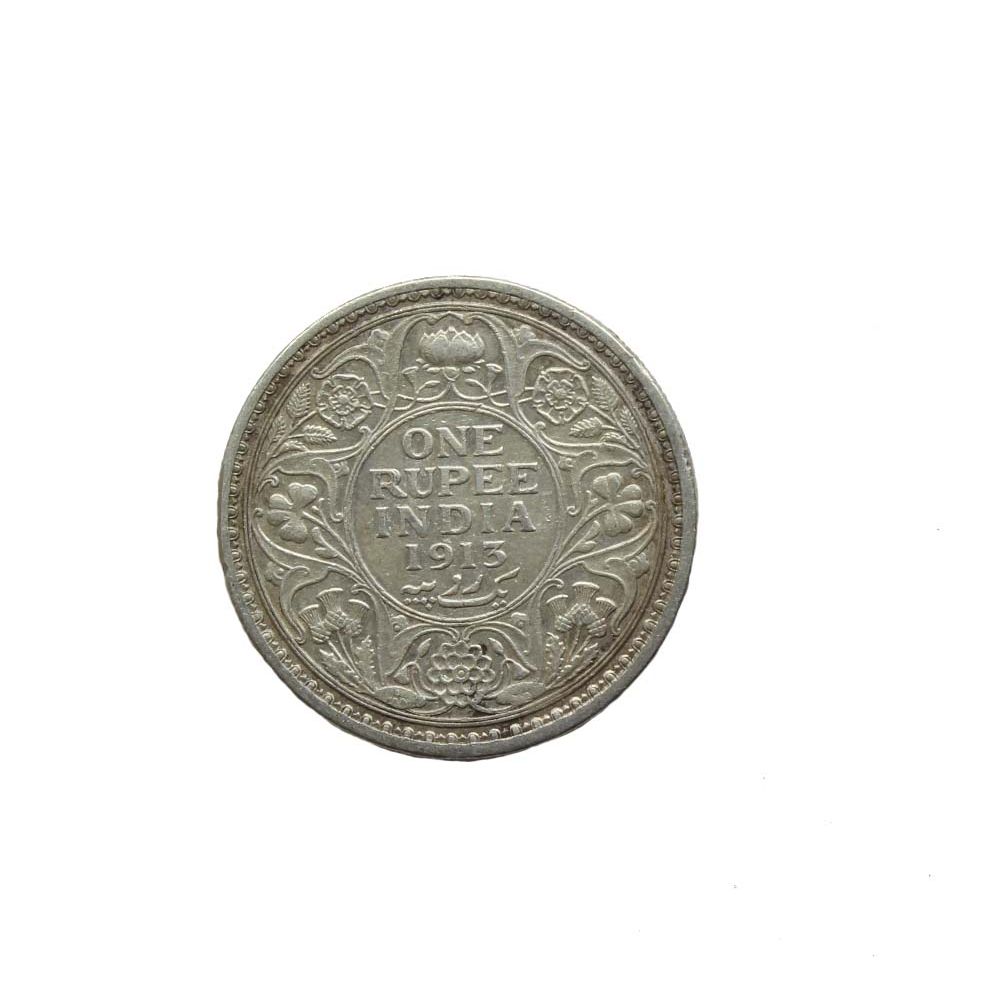Pure silver George V King Emperor One Rupee India 1913 Old coin