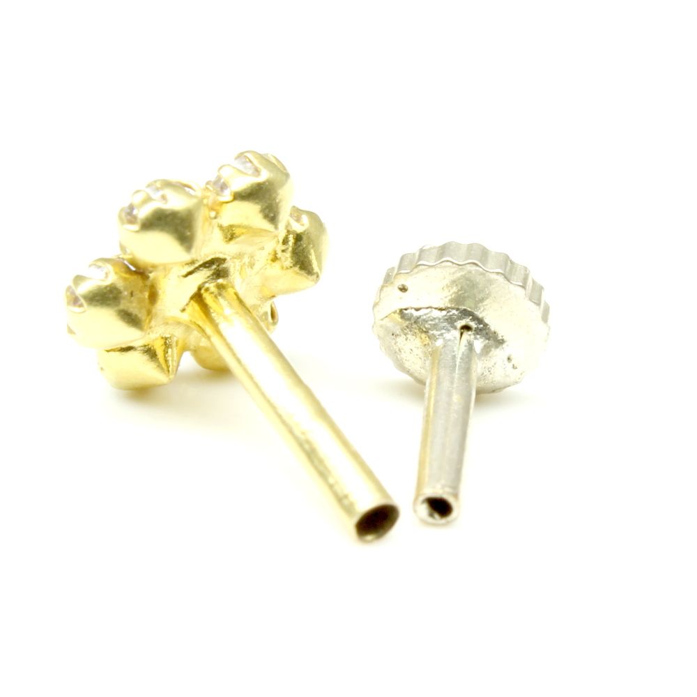 Real Gold Nose Stud Solid 14K Gold Pink White CZ Piercing Push Pin Nose stud 18g
