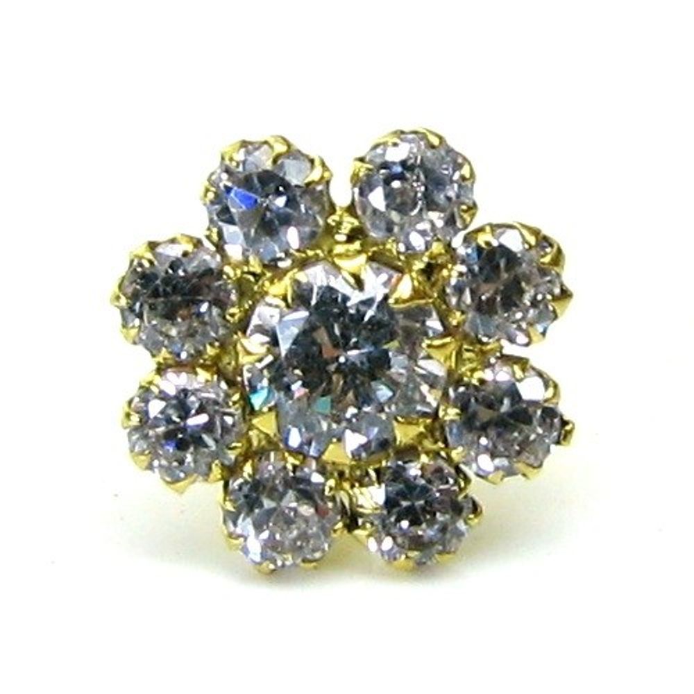 Indian-Style-White-CZ-Studded-Body-Piercing-Jewelry-Nose-Stud-Pin-Solid-Real-14k-Yellow-Gold