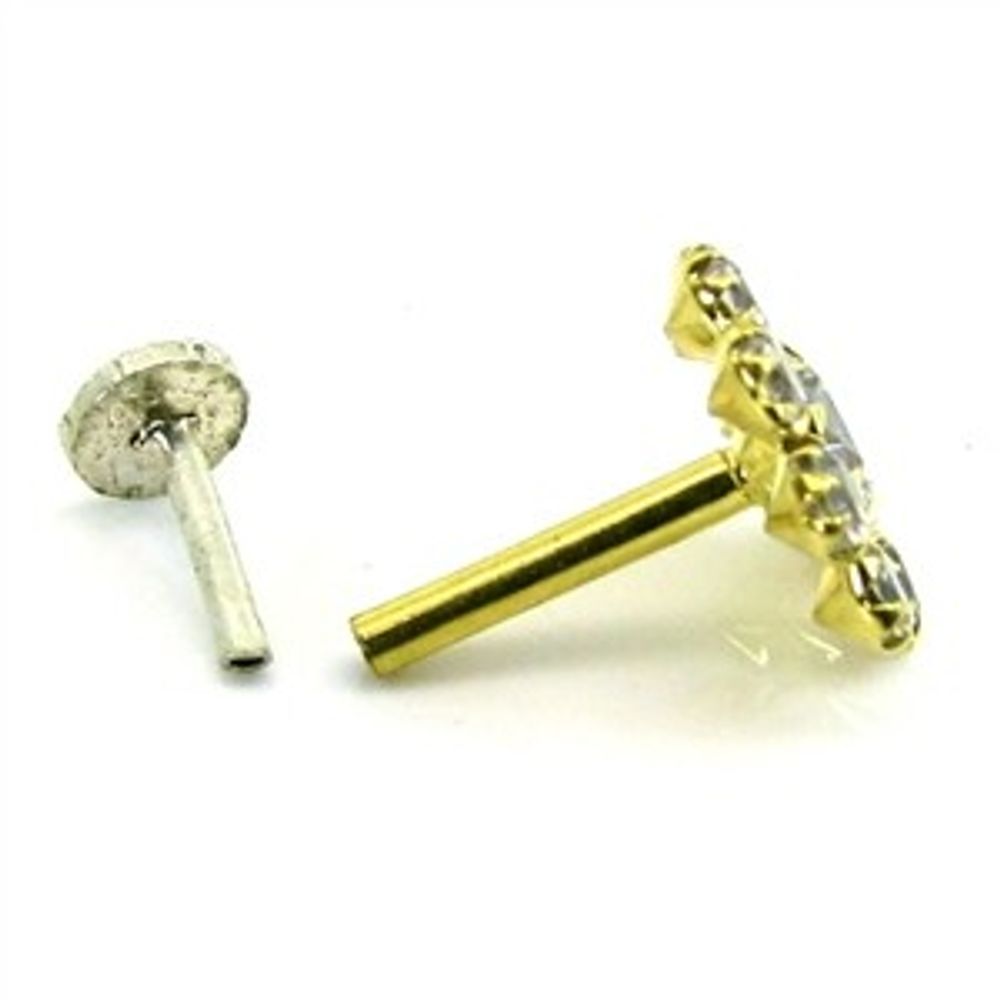 Indian Style White CZ Studded Body Piercing Jewelry Nose Stud Pin Solid Real 14k Yellow Gold