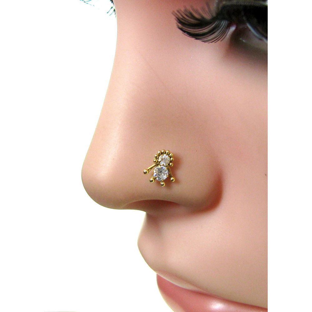 Traditional Indian Style CZ sterling Silver Gold Plated Nose Stud Screw Ring