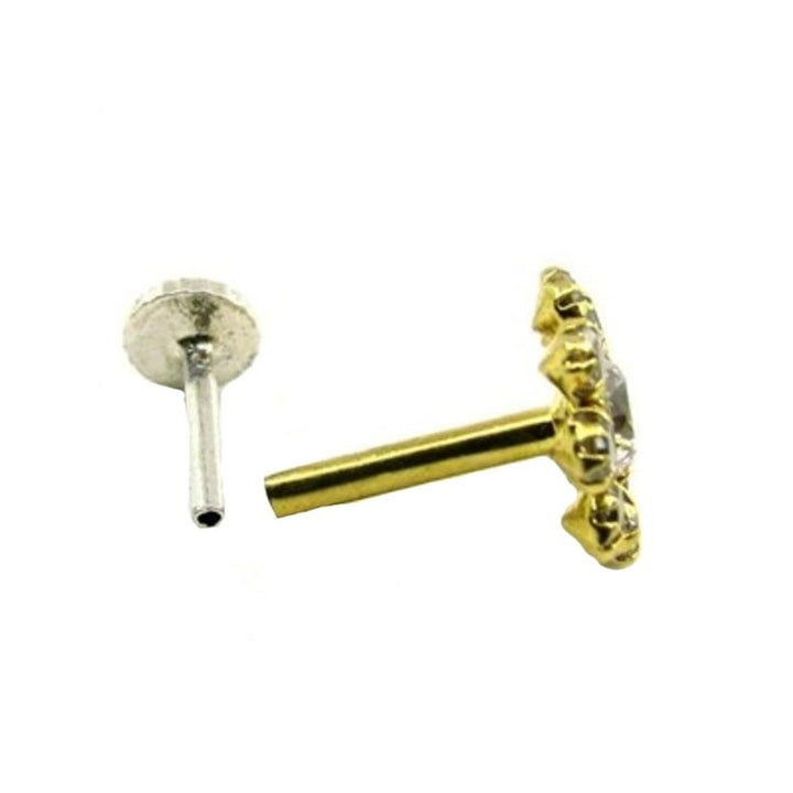 Indian Style White CZ Studded Body Piercing Jewelry Nose Stud Pin Solid Real 14k Yellow Gold
