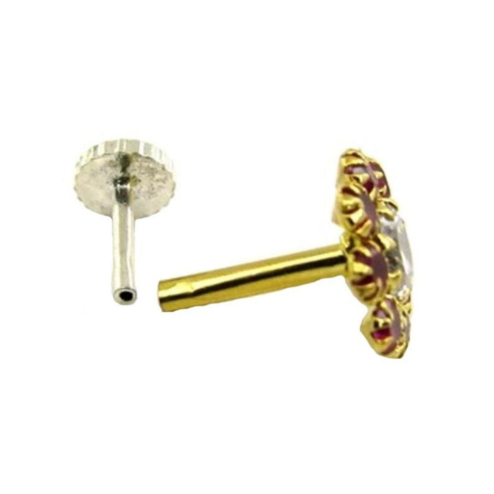 Daisy Indian Style White&Pink CZ Studded Body Piercing Jewelry Nose Stud Pin Solid Real 14k Yellow Gold