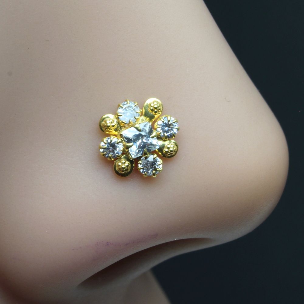 Pansies Flower Indian Nose ring White CZ studded gold plated corkscrew piercing nose stud