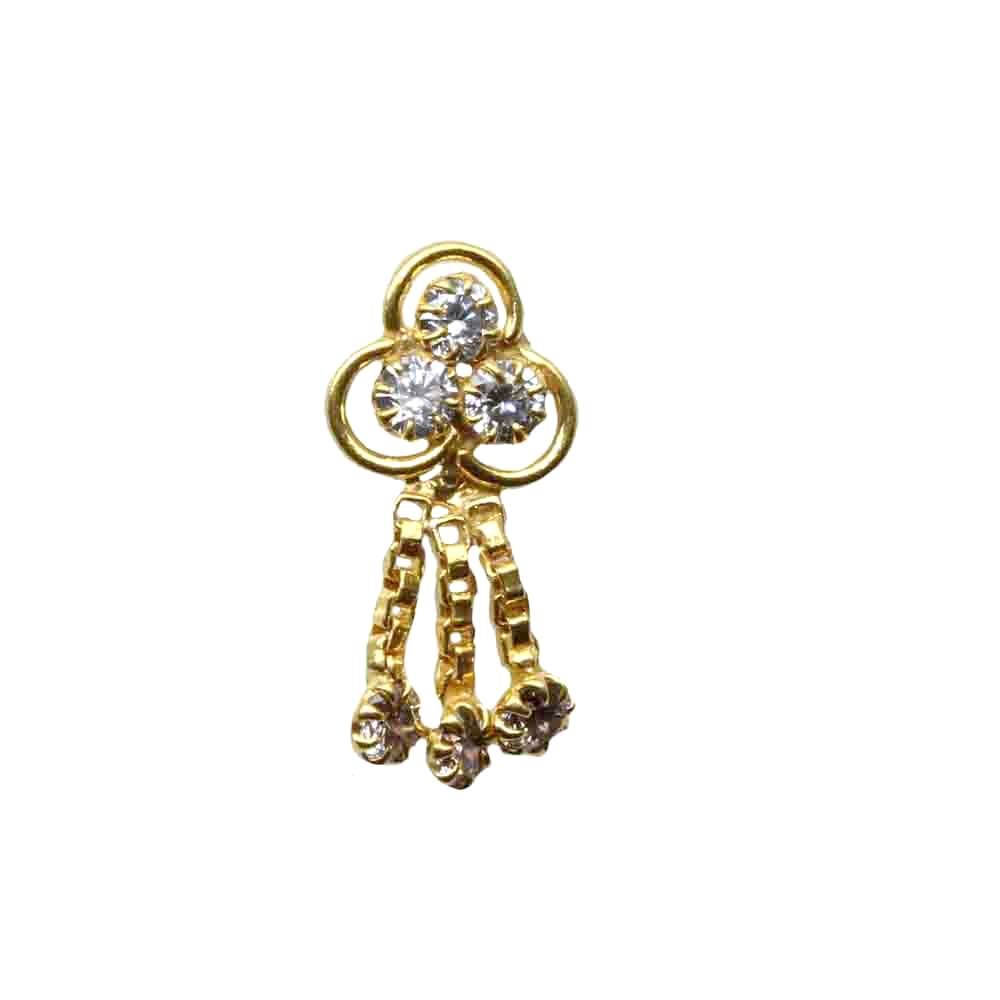 Indian Dangle Nose ring White CZstudded gold plated corkscrew piercing nose stud