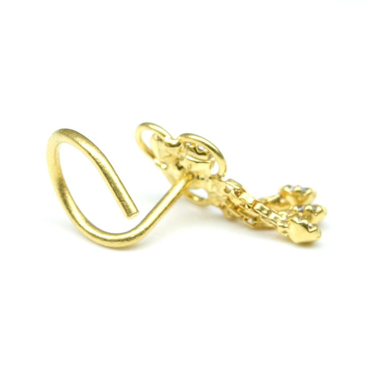 Indian Dangle Nose ring White CZstudded gold plated corkscrew piercing nose stud
