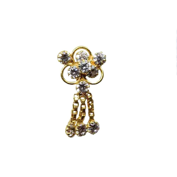 Indian Dangle Nose Stud White CZ stone corkscrew gold plated nose piercing stud