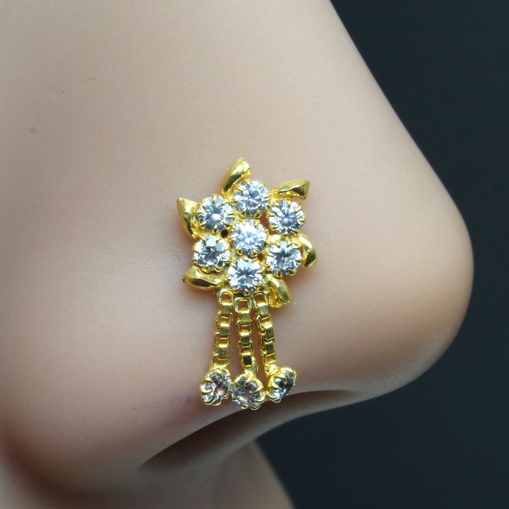 indian dangle nose stud white cz stone corkscrew gold plated nose
