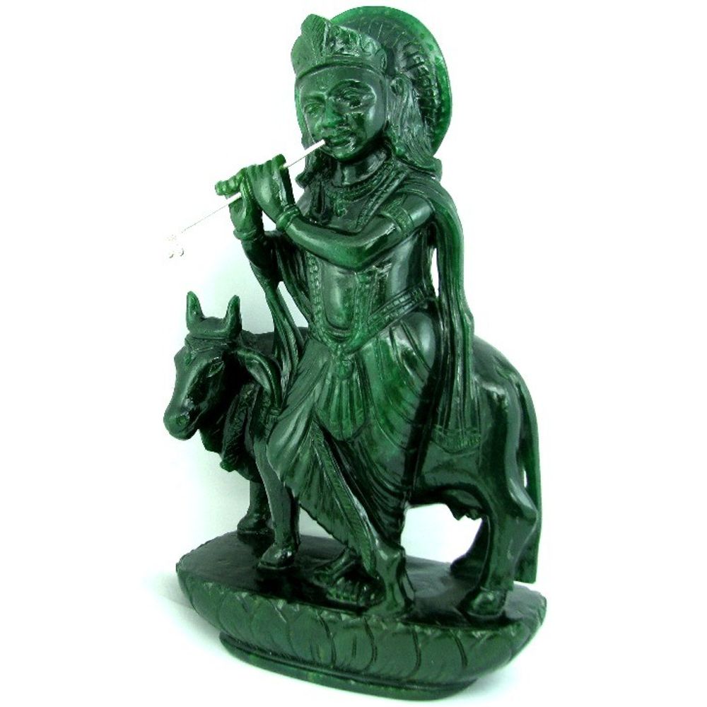 12955Ct Natural Aventurine Carved Hindu Deity Krishna Cow Statue Art Sculpture
