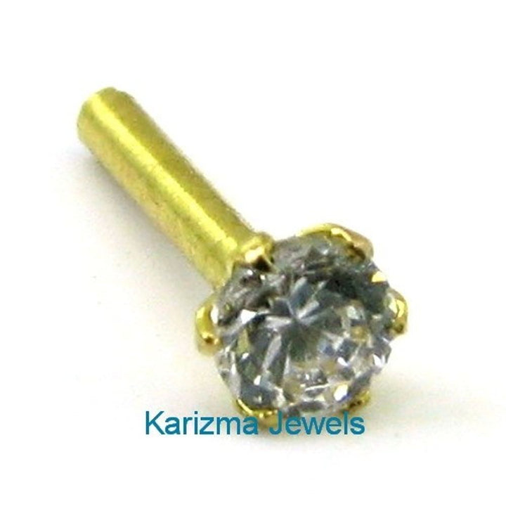 Indian Style Single Stone CZ Studded Body Piercing Jewelry Nose Stud Pin Solid Real 14k Yellow Gold