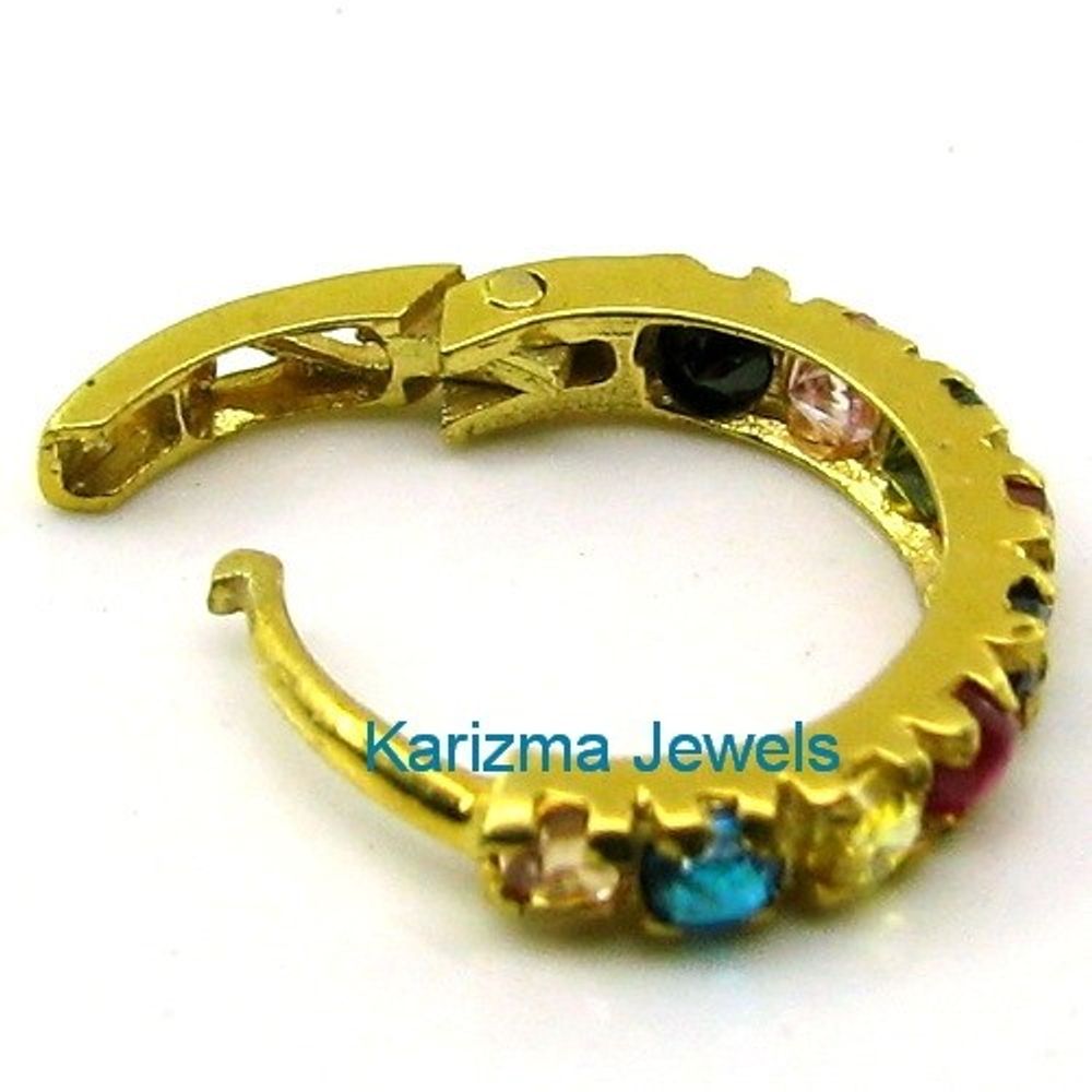 Multicolor Bollywood Indian Style CZ Studded Nose Hoop Ring 14k Solid Real Gold Jewelry 22g