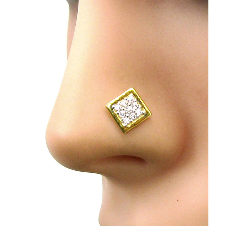 Precious White CZ SOLID CASTING 17-18g Piercing Nose stud Pin 14k Yellow Gold