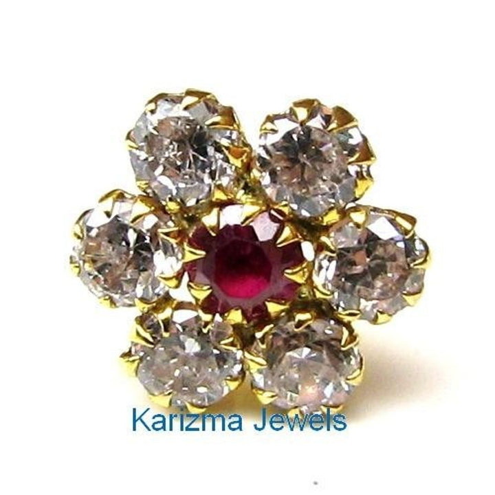 Indian-Style-Floral-CZ-Studded-Body-Piercing-Jewelry-Nose-Stud-Pin-Solid-Real-14k-Yellow-Gold