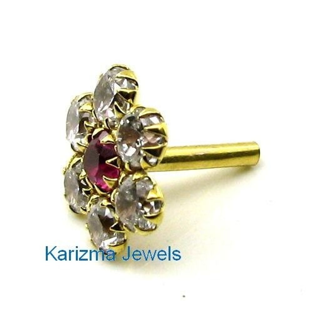 Indian Style Floral CZ Studded Body Piercing Jewelry Nose Stud Pin Solid Real 14k Yellow Gold