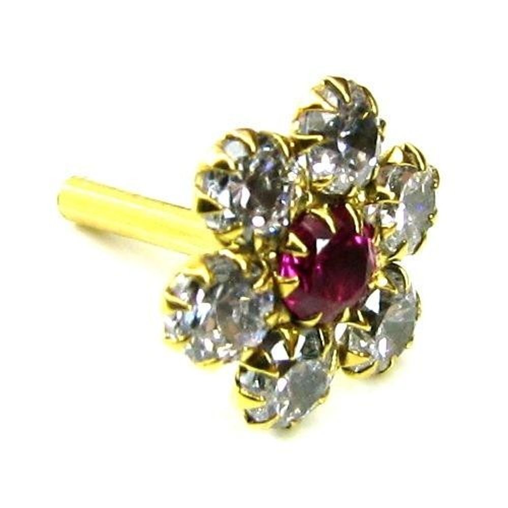 Daisy Indian Style Floral CZ Studded Body Piercing Jewelry Nose Stud Pin Solid Real 14k Yellow Gold