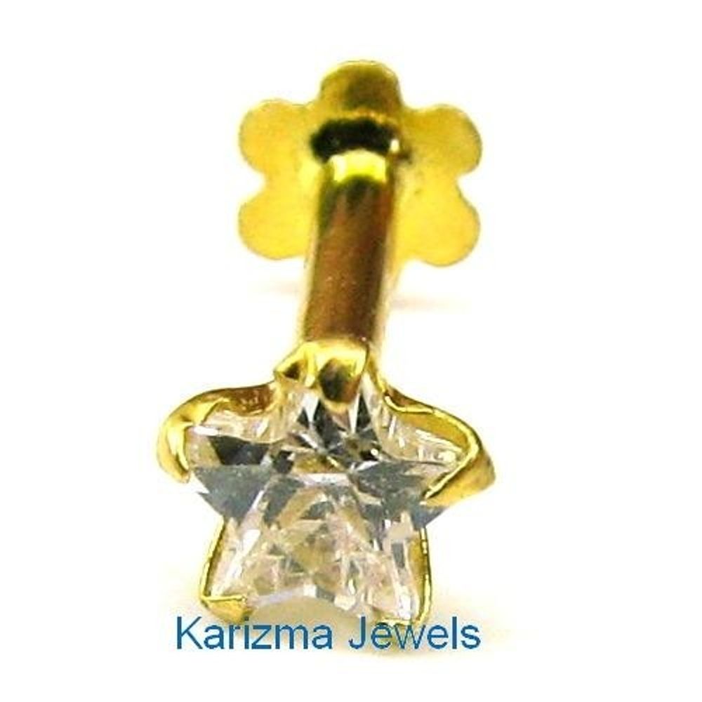 Single-White-CZ-Studded-Body-Piercing-Nose-Stud-Pin-Solid-14k-Yellow-Gold-Screw-Back