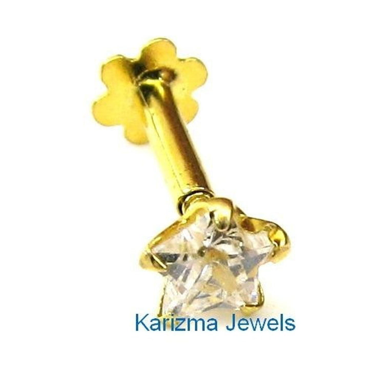 Single White CZ Studded Body Piercing Nose Stud Pin Solid 14k Yellow Gold Screw Back