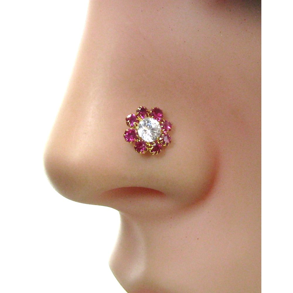 Daisy Indian Style Red CZ Real Gold Push Pin Nose Stud 14K Solid Gold nose ring 17-18g