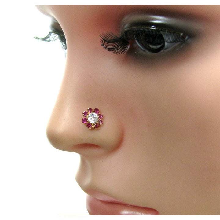 Daisy Indian Style Red CZ Real Gold Push Pin Nose Stud 14K Solid Gold nose ring 17-18g