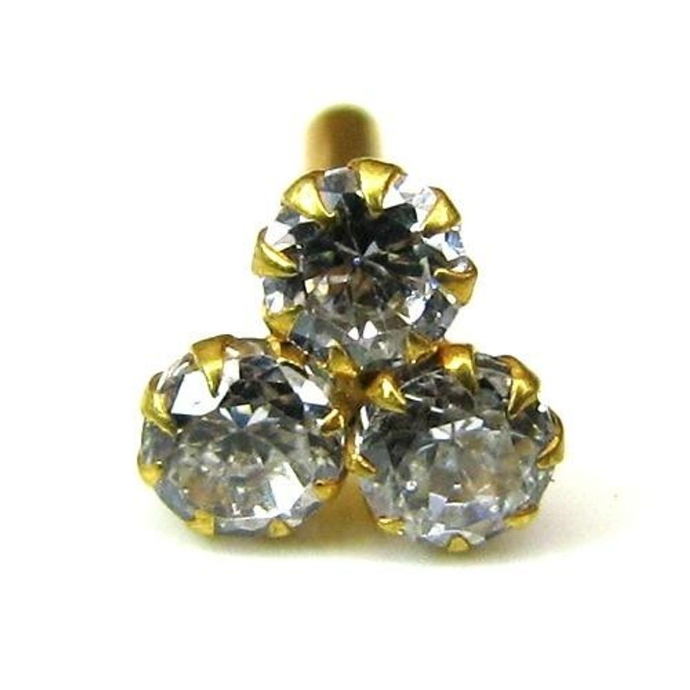 Indian-Style-3-Stone-CZ-Studded-Body-Piercing-Jewelry-Nose-Stud-Pin-Solid-Real-14k-Yellow-Gold