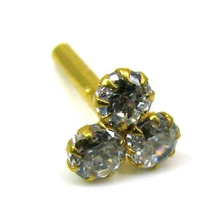 Indian Style 3 Stone CZ Studded Body Piercing Jewelry Nose Stud Pin Solid Real 14k Yellow Gold