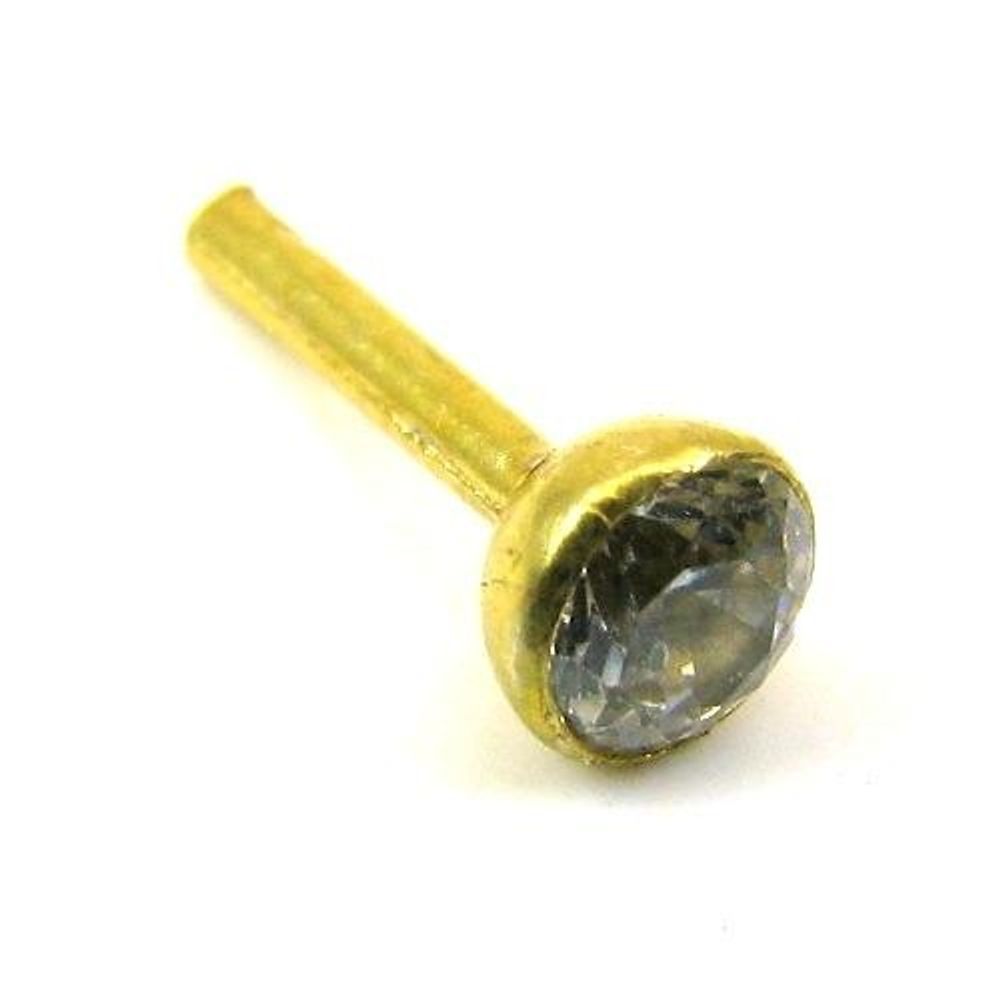 Indian Style Single CZ Studded Body Piercing Jewelry Nose Stud Pin Solid Real 14k Yellow Gold