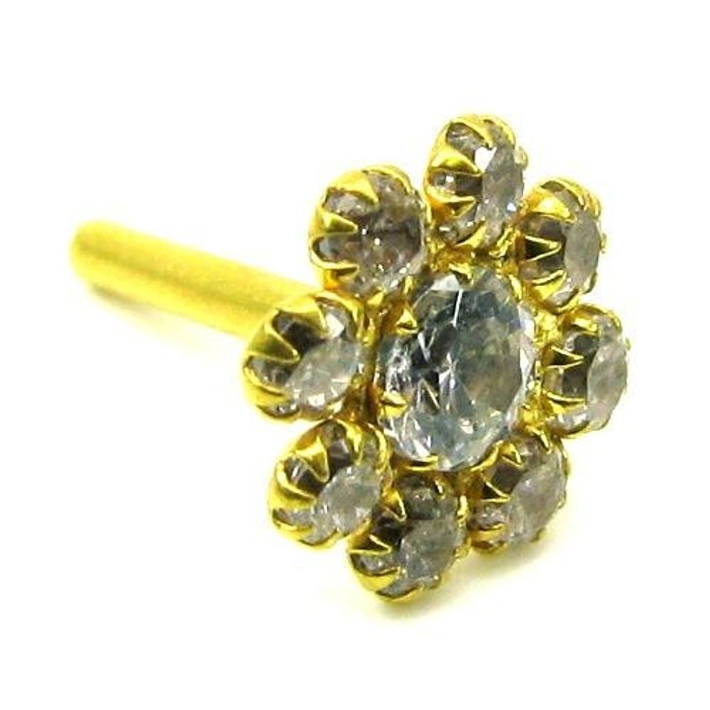 Daisy Indian Style White Designer CZ Body Piercing Jewelry Nose stud Pin Solid Real 14k Yellow Gold