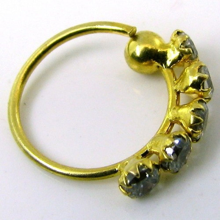 Bollywood Style Style 5 CZ Studded Nose ring Hoop stud 14k Solid Real Gold Jewelry 22g