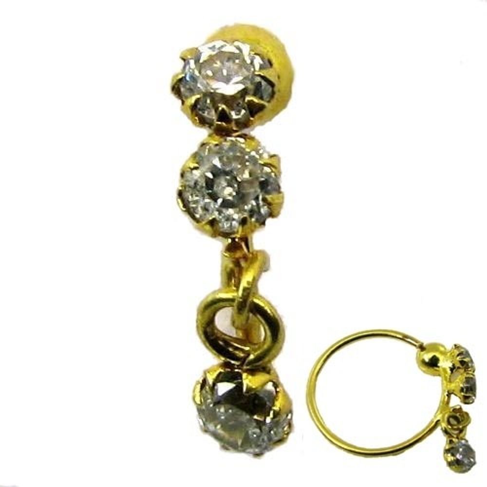 Ethnic-Indian-3-stone-Dangle-CZ-Studded-Nose-Hoop-Ring-14k-Solid-Yellow-Gold-22g