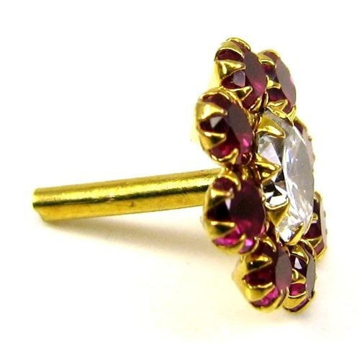 Daisy Indian Style Fancy Floral Design Body Red CZ Piercing Nose Stud Pin Solid Real 14k Yellow Gold