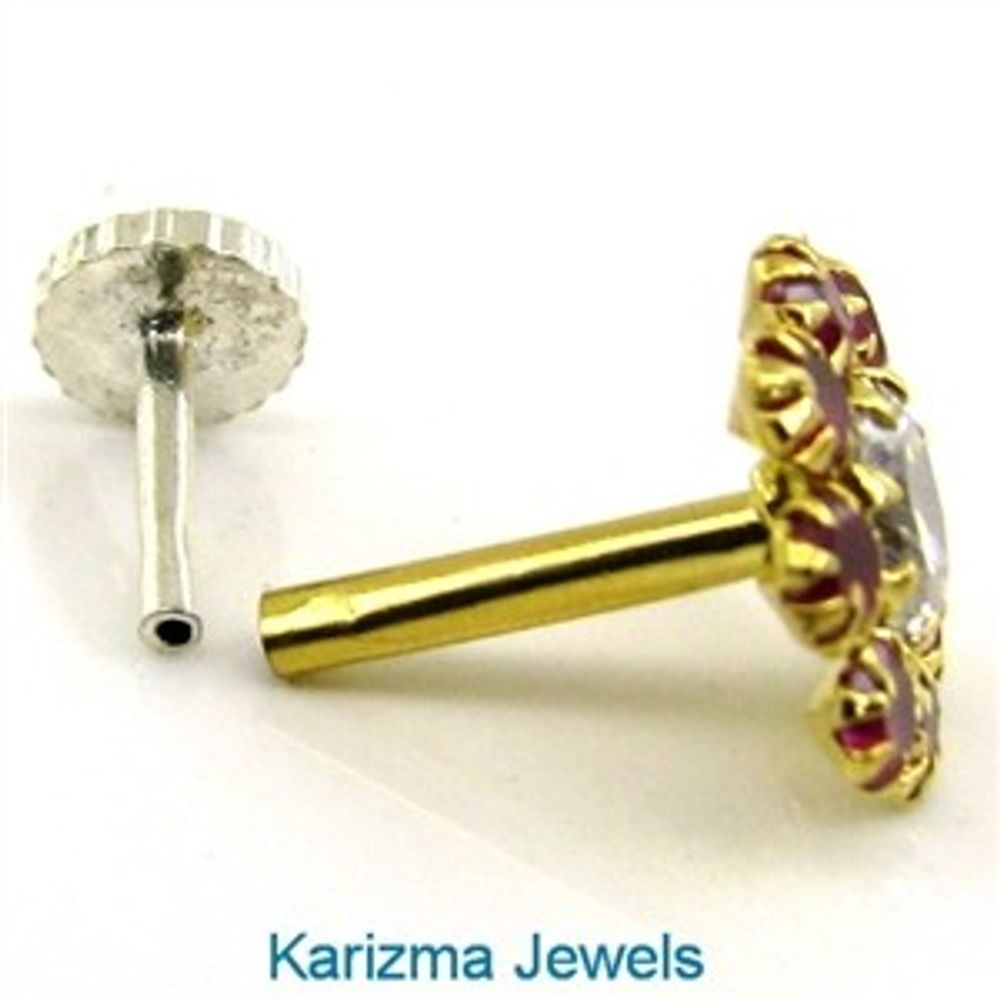 Daisy Indian Style Fancy Floral Design Body Red CZ Piercing Nose Stud Pin Solid Real 14k Yellow Gold
