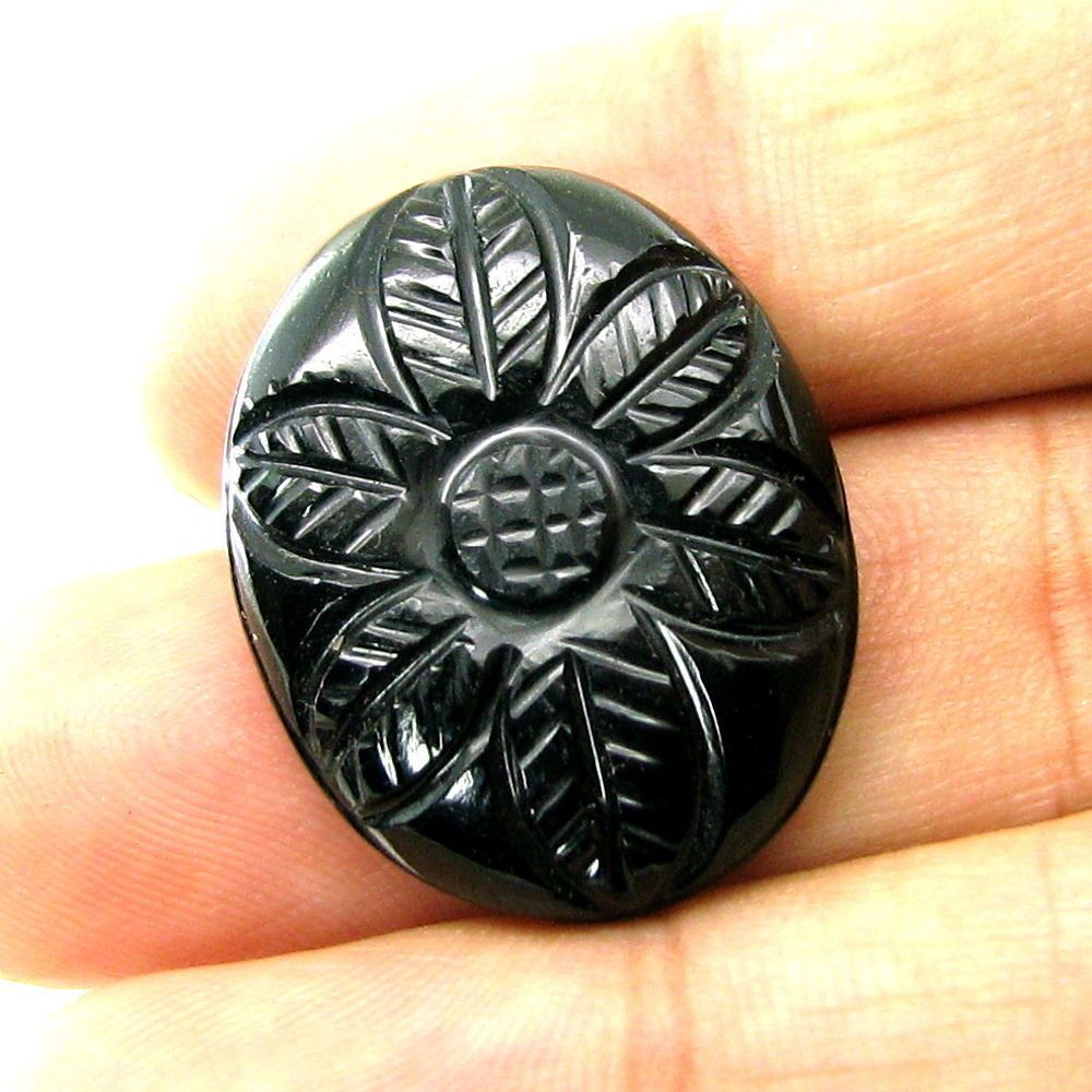 23.3Ct Black Onyx Flower Carved Oval Shape Cabochon Gemstone
