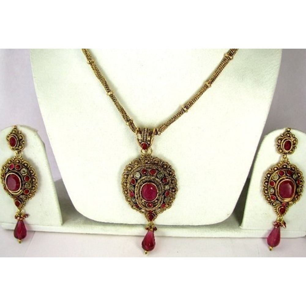 Bollywood Fashion Pink Polki Pendant Earrings Chain Gold plated Jewelry Set