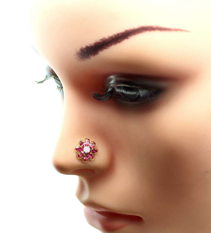 Real Gold Nose stud 14K Ethnic Pink White CZ Indian nose ring Push Pin