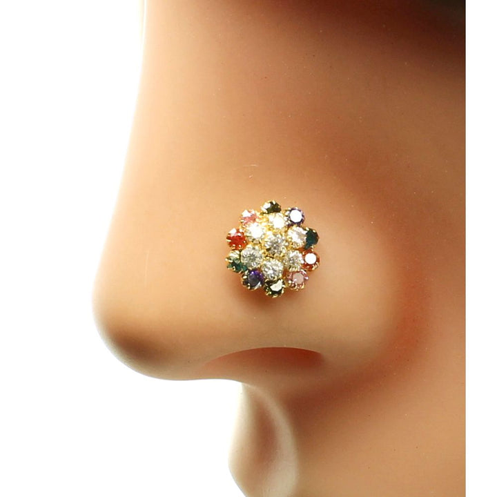 Real Gold Nose stud 14K Ethnic Floral Multicolor CZ Indian nose ring Push Pin