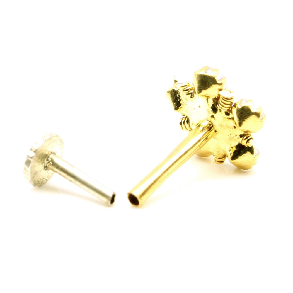 Real Gold Nose stud 14K Ethnic Floral White CZ Indian nose ring Push Pin