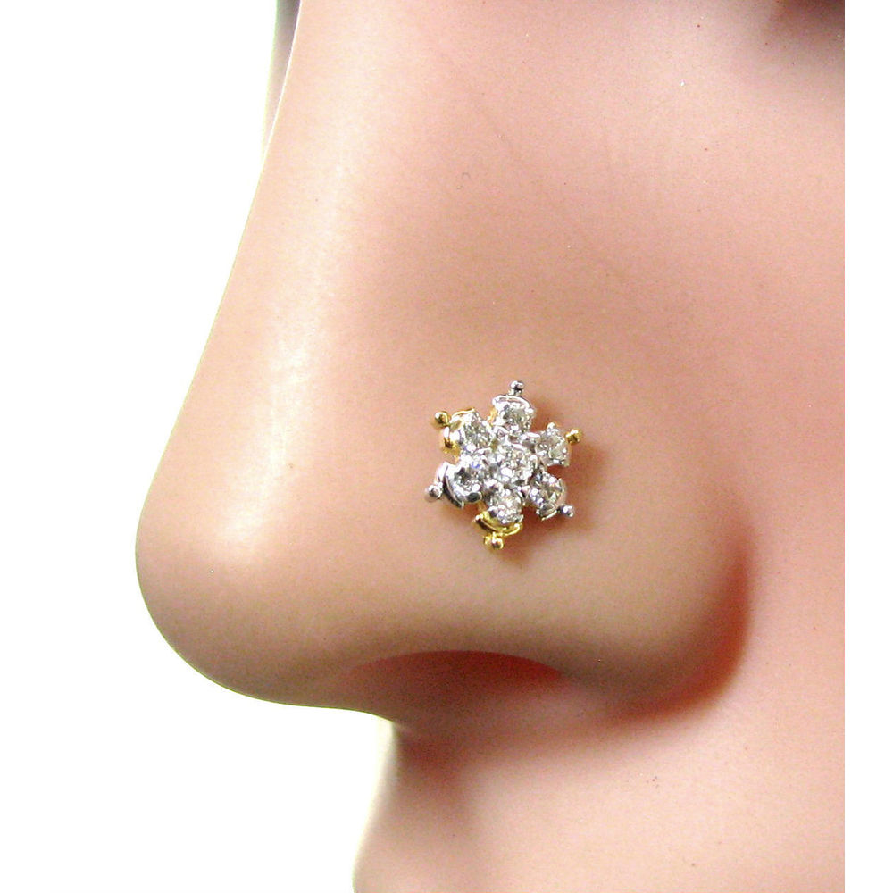 Real Diamond Flower 18K Gold Nose Stud Screw Ring Monroe Libret Piercing