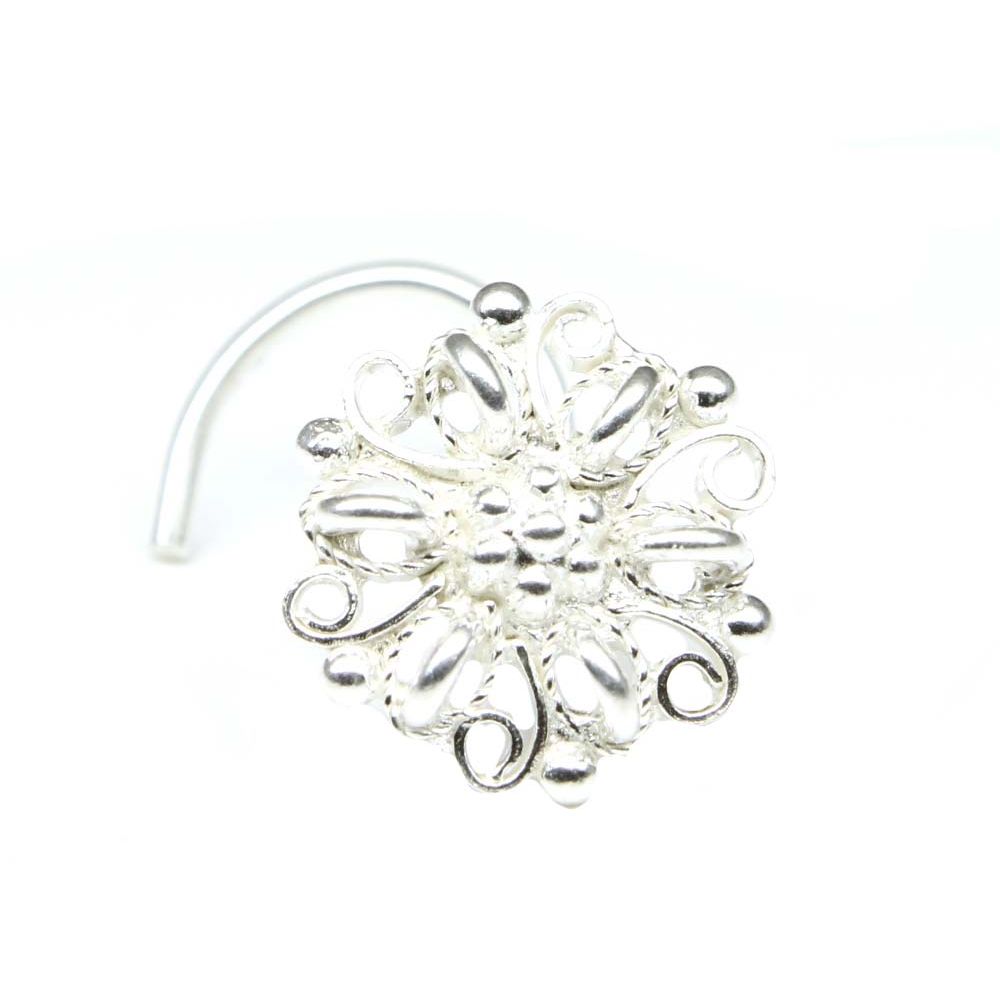 Indian 925 Sterling Silver Nose Stud, corkscrew piercing nose ring L Bend 22g