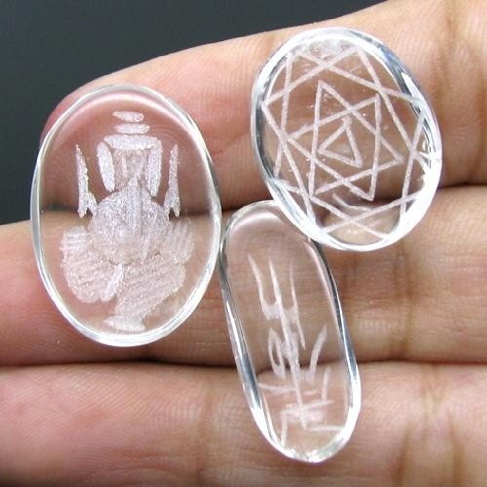 25.6Ct Natural Crystal Quartz Sphetic 3pc Gems Engraved OM Ganesha