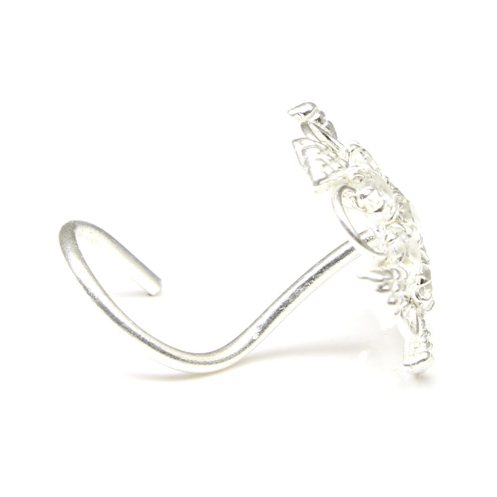 Ethnic Indian 925 Sterling Silver White CZ Studded Corkscrew nose ring 22g