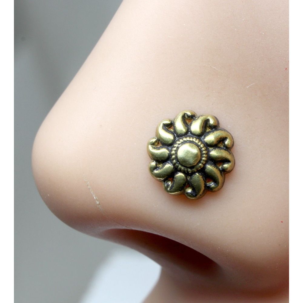 Asian Nose Stud, Antique gold finish nose ring, corkscrew piercing ring l bend