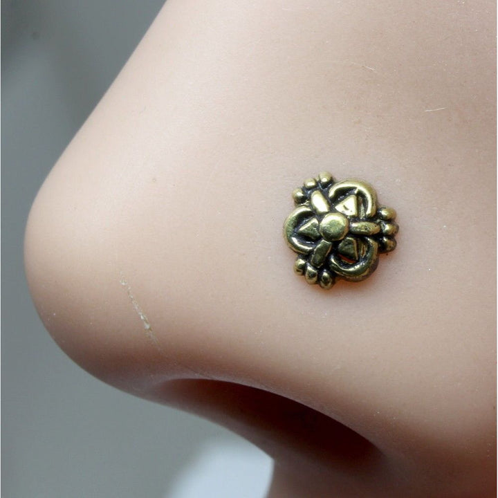 Asian Nose Stud, Antique gold finish nose ring, corkscrew piercing ring l bend