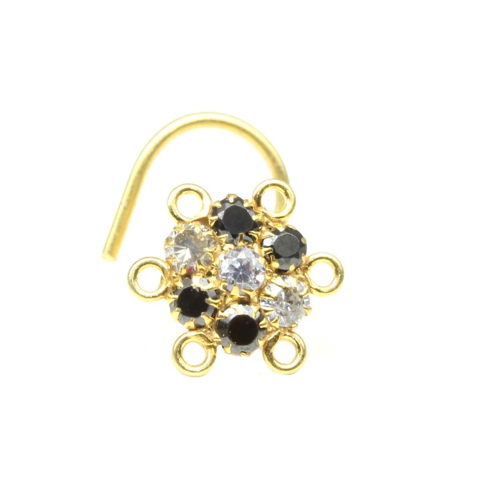 Indian Nose ring Black White CZ studded gold plated corkscrew piercing nose stud