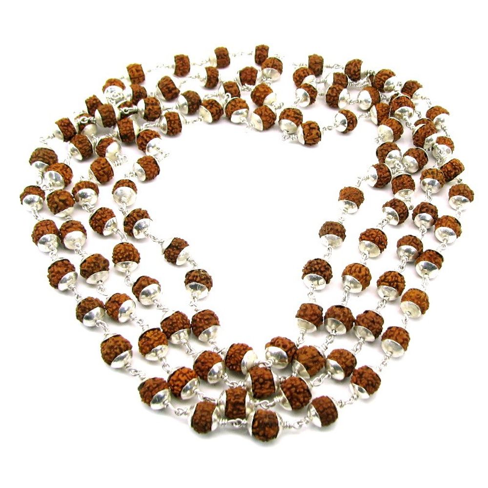 Pure Silver Natural Rudraksha 108 Beads Prayer Meditation Mala Necklace