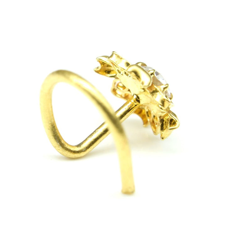 Indian Nose ring White CZ studded gold plated corkscrew piercing nose stud