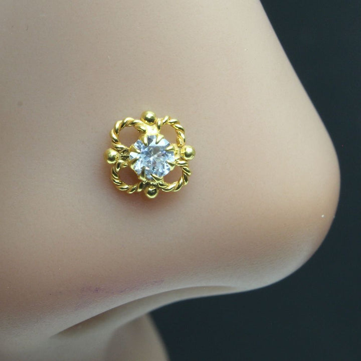 Indian Nose ring White CZ studded gold plated corkscrew piercing nose stud