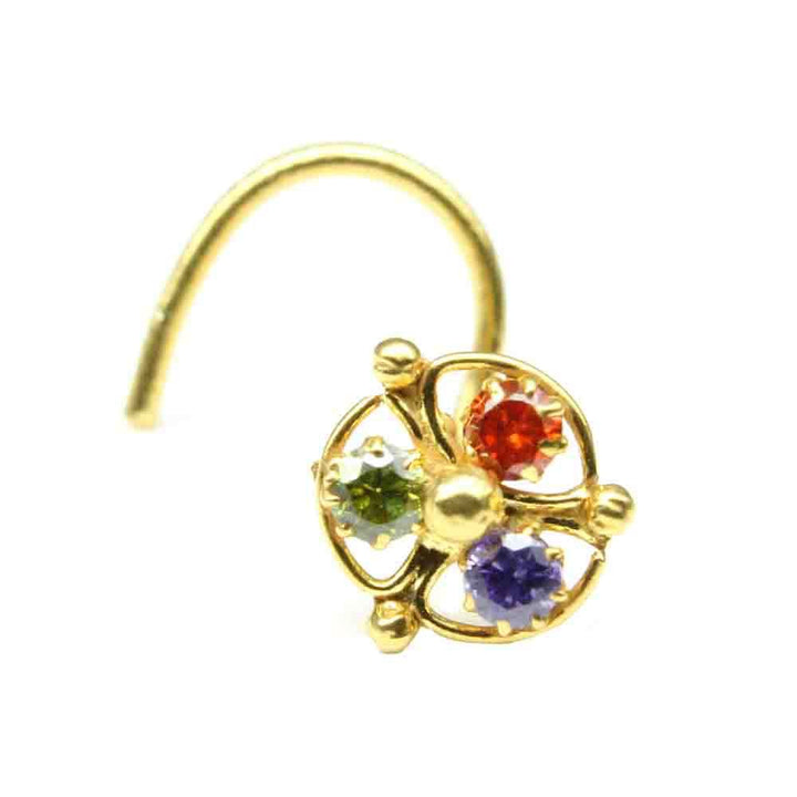 Indian Nose ring Multi-color CZ studded gold plated corkscrew piercing nose stud
