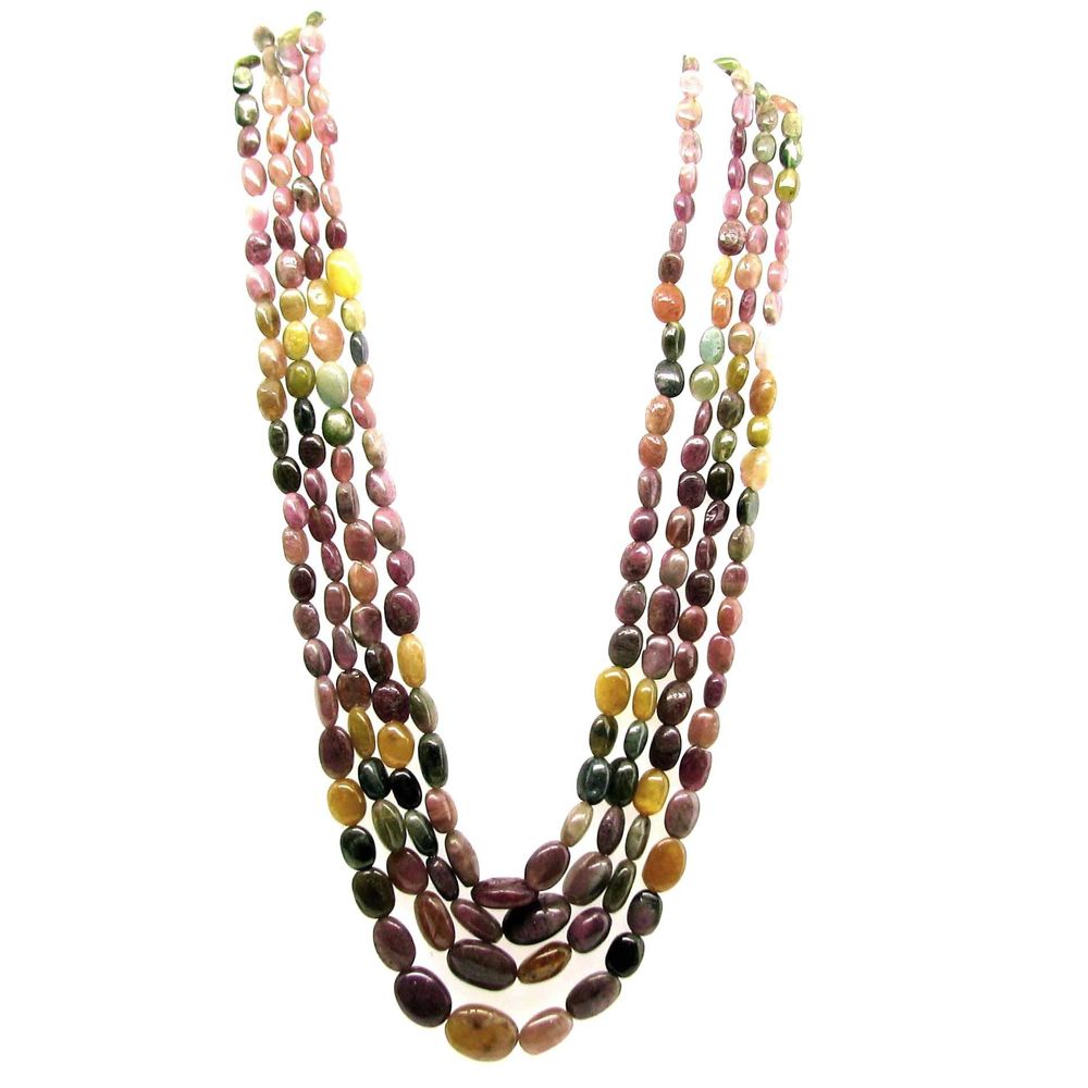 445.4Ct 100% Natural Multicolor Tourmaline 4 Line Beads Necklace